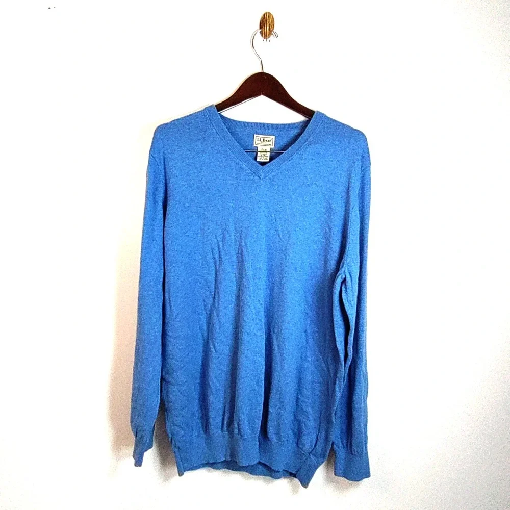 VTG LL Bean Cashmere Blend Sweater Men XLT Blue Long Sleeve V Neck Grandpa‎ Core